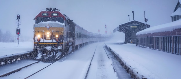 De wintertrein nadert een met sneeuw bedekt station en schildert een beeld van seizoensgebonden rust en beweging