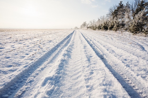 De winterweg op een landelijk gebied