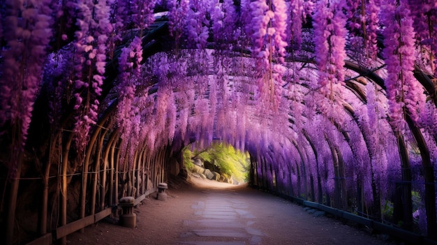 De wisteria tunnel Japan bloeiende wijnstokken levendige kleuren gecreëerd met Generative AI technologie