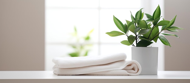 De witte handdoek en kamerplant staan op een witte tafel met beschikbare ruimte om te kopiëren