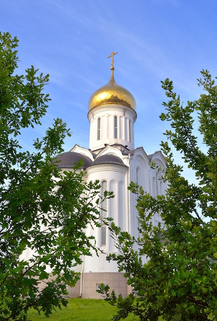 De witte kerk met een gouden koepel in de Russische bouwstijl is omgeven door gebladerte van bomen. Siberië, Rusland