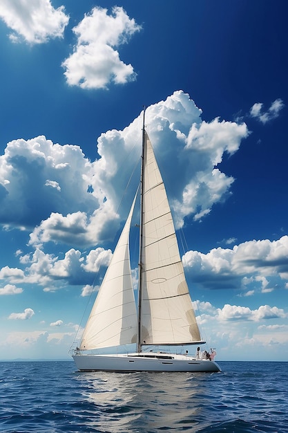 De witte zeilen van jachten op de achtergrond van de zee en de lucht in de wolken