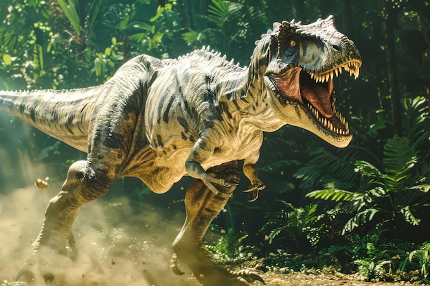 Foto de woeste tyrannosaurus rex roert in een weelderige jungle met een dramatische prehistorische scène