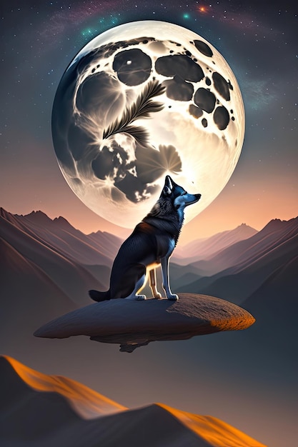 Foto de wolf huilt 's nachts bij volle maan