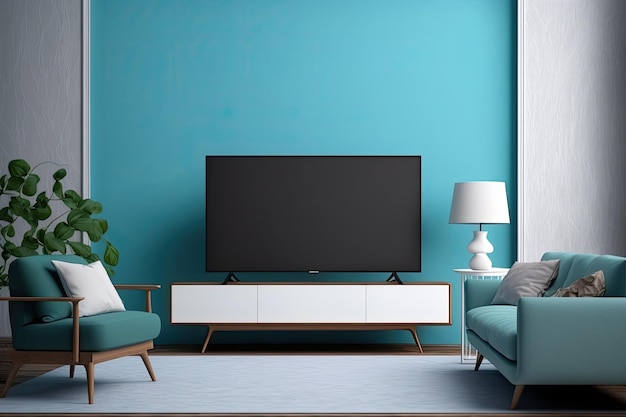 De woonkamer heeft een blanco smart-tv-model op een blauwe muur