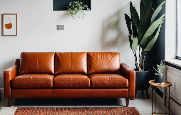 De woonkamer heeft een oranje leren en minimale decoratie op een donkerbruine muur | Premium Foto