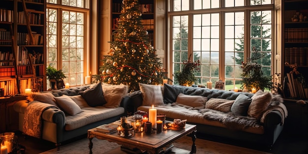 Foto de woonkamer in een gezinshuis is voor kerstmis versierd