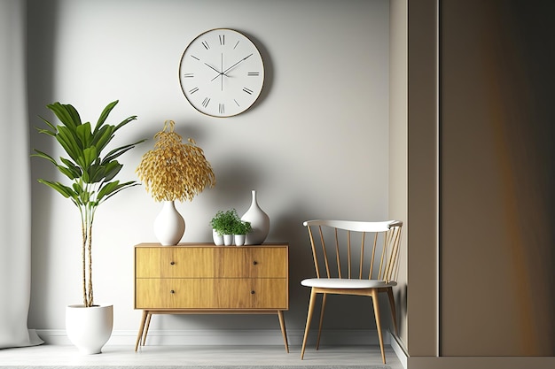 Foto de woonkamer van fine apartments heeft een minimalistisch ontwerp met een houten commode, een keramische vaas met een blad, een klok en elegante persoonlijke spullen. kopieer ruimte een sjabloon