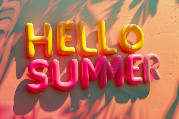 De woorden "Hello Summer" zijn geschreven in kleurrijke ballonnen.