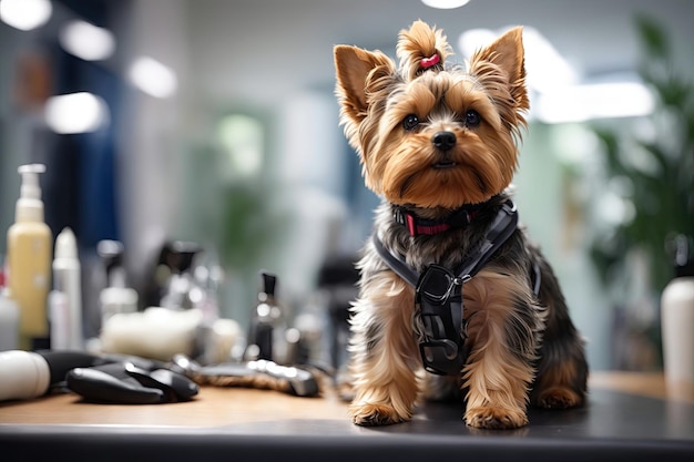 De Yorkshire Terrier ligt op de trimtafel in de dierentuinsalon met een prachtig kapsel voor elke dag