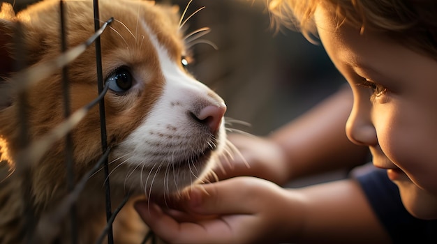 Foto de zachte aanraking van een baby op de kooi van een hamster