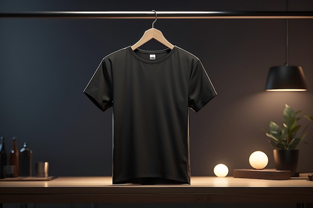 De zachte soepele stof van een zwart T-shirt hangt op een hanger gegenereerd door AI