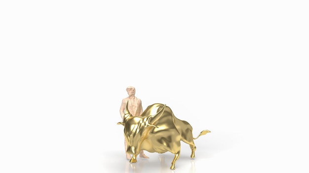 De zakenman en gouden stier op witte achtergrond 3D-rendering