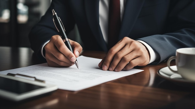 De zakenman gebruikt een elegante pen om een contract te ondertekenen in een modern kantoor. De ondernemer gebruikt een pen om een notatie te maken op het boekingsschema.