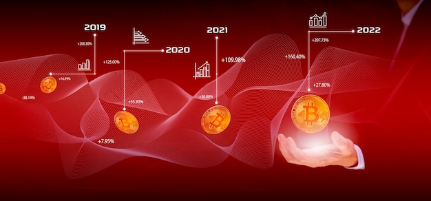 De zakenman houdt bitcoins vast als onderdeel van een zakelijk netwerk op een blauwe achtergrond. bitcoin cryptocurrency-ideeënconcept en virtueel financieel grafiekdiagram, digitaal symbool van een nieuwe virtuele valuta