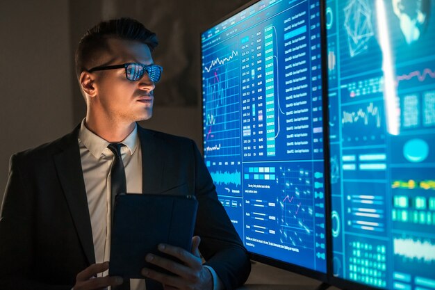 Foto de zakenman man met tablet in zijn handen staande in de buurt van blauwe schermen