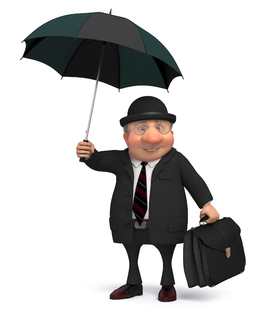 De zakenman met een portefeuille en een paraplu gaat aan het werk