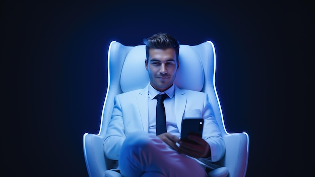 De zakenman zit in een witte futuristische fauteuil.