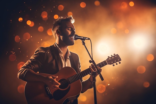 Foto de zanger speelt akoestische gitaar en zingt op een concert