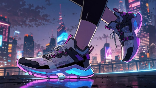 Photo de zapatillas tecnologicas a chica deportiva en ciudad futurista al anochecer