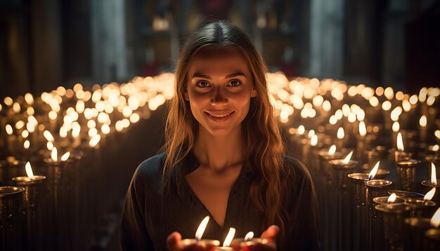 Foto de zegening van kaarsen in een kerk die de gloed van de kaarsen tegen de achtergrond vasthoudt