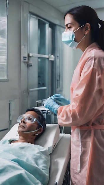 De zieke volwassene draagt een beschermend masker om zich te beschermen tegen door de lucht overgedragen ziekten