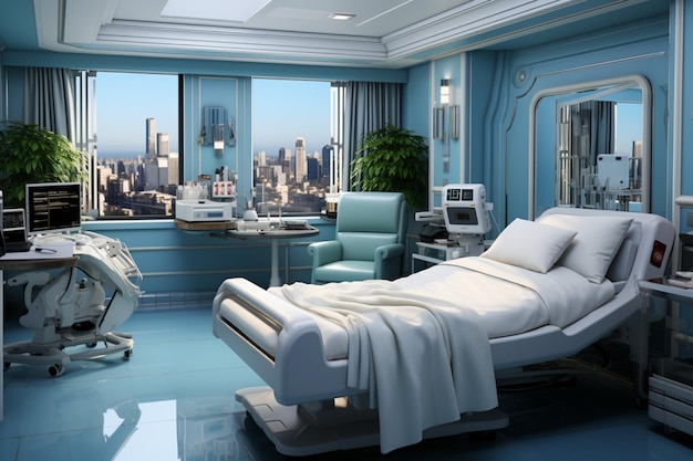 De ziekenhuisruimte omvat een bed en een tafel die essentieel zijn voor het herstel van de patiënt
