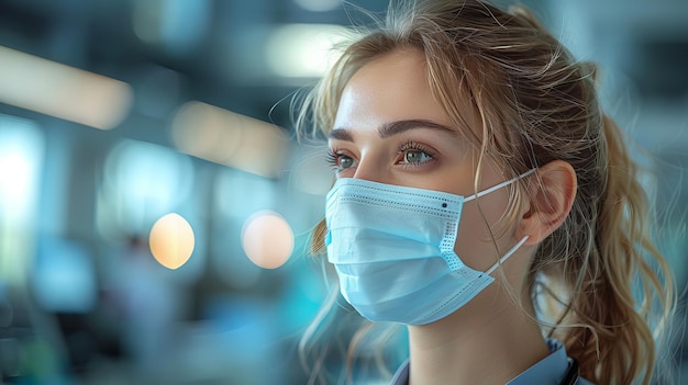 De zijkant van een serieuze vrouwelijke verpleegster in uniform die een medisch masker aantrekt voor het werk terwijl ze tijdens de coronavirus-epidemie in de kliniek staat en wegkijkt van de camera