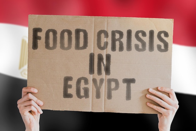 De zinsnede voedselcrisis in egypte staat op een spandoek in mannenhanden met een wazige egyptische vlag op de achtergrond crisis finance life nutrition bread disaster collapse social issue