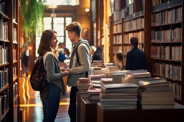 De zoektocht naar kennis Twee studentenvrienden duiken in een zee van boeken in de universiteitsbibliotheek