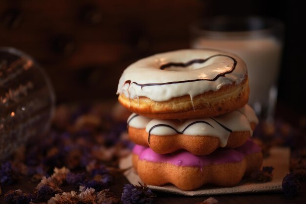 Foto de zoete geglazuurde donuts gestapeld op de tafel