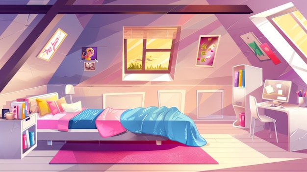 De zolder slaapkamer van een tienermeisje met een ongemaakt bed een bureau en computer voor het bestuderen van boeken en foto's op de muur en een werkruimte voor het bestudeeren Moderne mansard cartoon kamer met een tiener