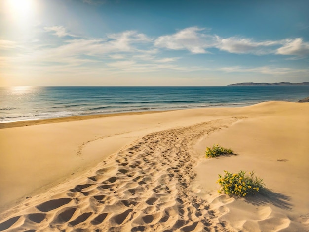 Foto de zomer schoonheid van de natuur rustige zandkust met voetafdrukken bij de zee onder heldere blauwe lucht