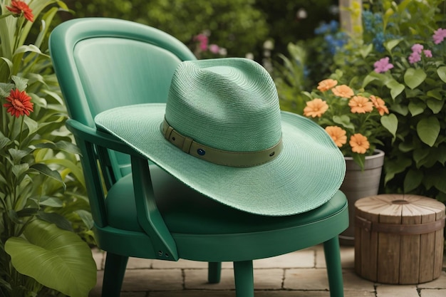 De zomerhoed van groene dames op een groene stoel in een tuin