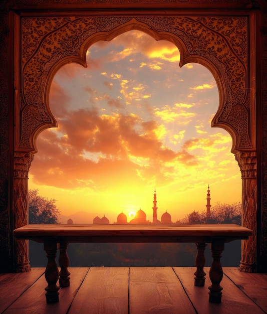 De zon daalt onder vurige oranje wolken die zowel de majestueuze Taj Mahal als de uitgestrekte oceaan in een ademtocht afbeelden.