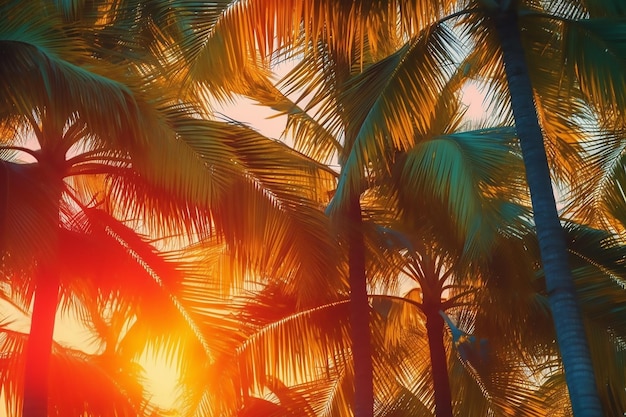 De zon gaat onder achter de palmbomen