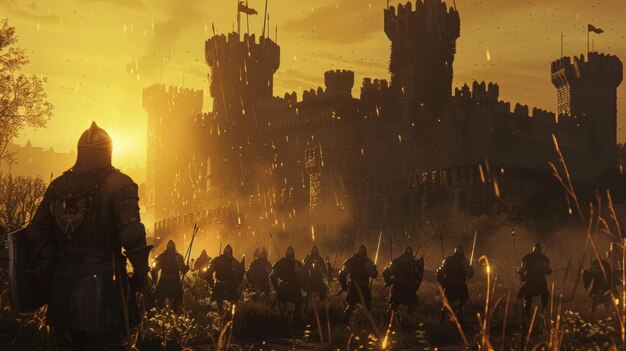 Foto de zon gaat onder achter de torenhoge kasteelmuren en werpt een gouden gloed over het slagveld de ridders