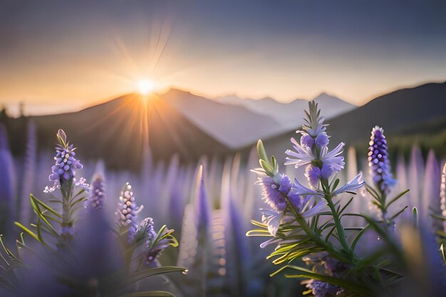 De zon gaat onder achter een bloemenveld.