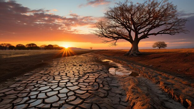 De zon gaat onder achter een boom aan de kant van de weg generatieve ai beeld