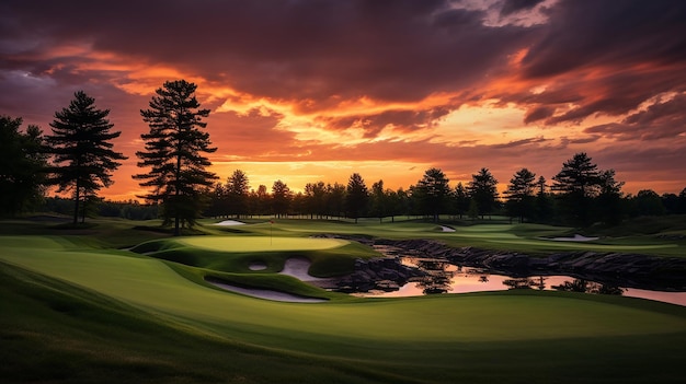 de zon gaat onder boven een golfbaan in New Hampshire