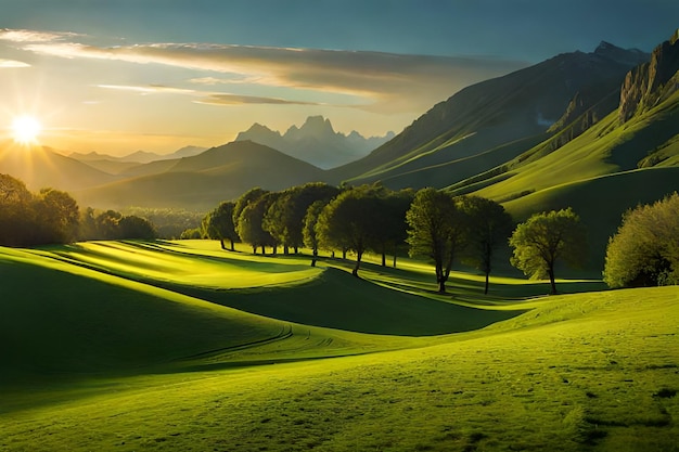 De zon gaat onder in een groene vallei.