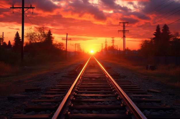 De zon gaat onder op de sporen van een trein