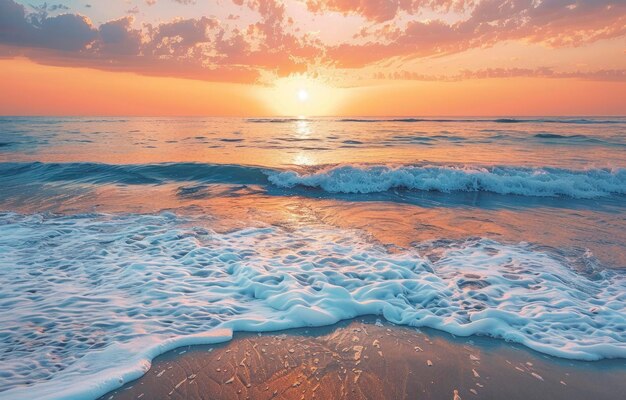 De zon gaat onder over de oceaan en werpt een oranje gloed op de hemel en golven.