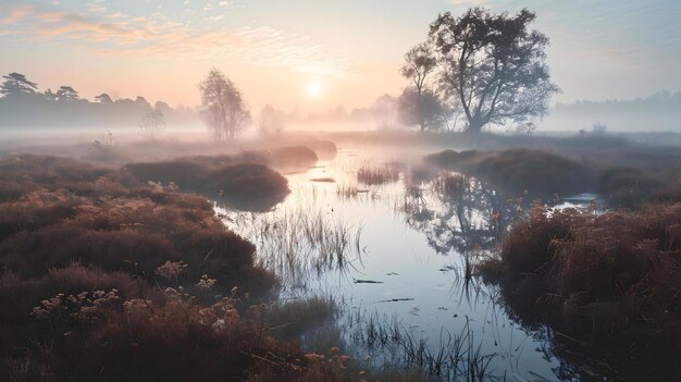 De zon gaat onder over een kleine rivier.