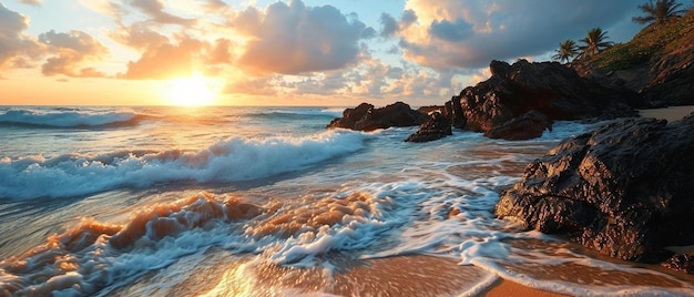 Foto de zon gaat onder over het water op het strand