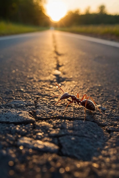 De zon komt net op en een schattige kleine mier zoekt voedsel op de weg.