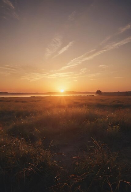 De zon komt op over een grasveld.