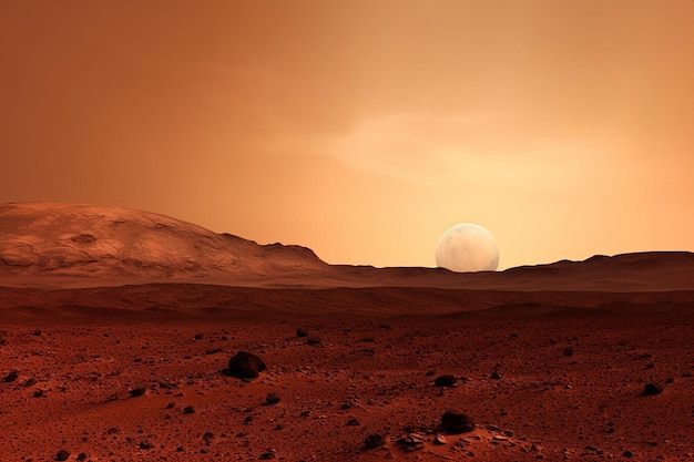De zon ondergaat achter de bergen op Mars.