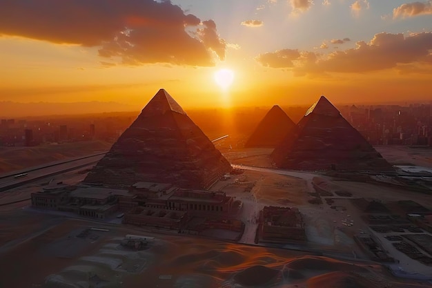 De zon ondergaat achter de iconische piramides van Giza in Egypte
