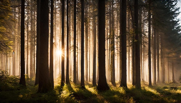 De zon schijnt door de bomen heen.